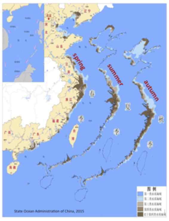 Figure 1. The study area illustrating the strong coast and ocean connection. The seasonal and regional effects of eutrophication are clearly seen